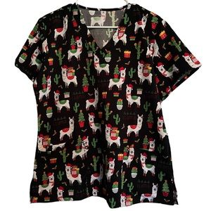 MicroFlex Christmas Llama Print Black Scrub Top Size M